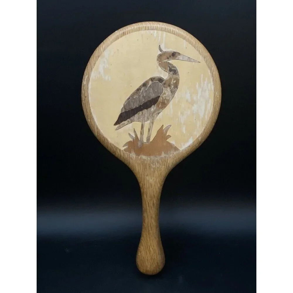 Marquetry Wood Crane Bird Inlay Vanity 11” Mirror Hand Held Beveled Glass READ
